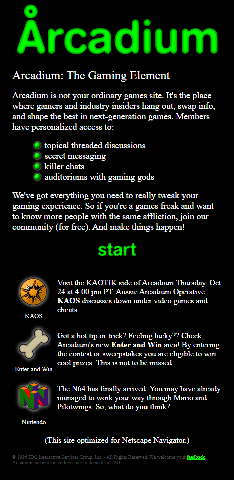 Arcadium's front page.