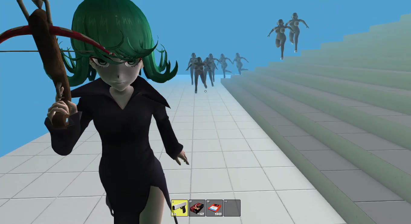 Tatsumaki holding a crossbow running from multiple naked Haydee bots. Tatsumaki holding a crossbow running from multiple naked Haydee bots.