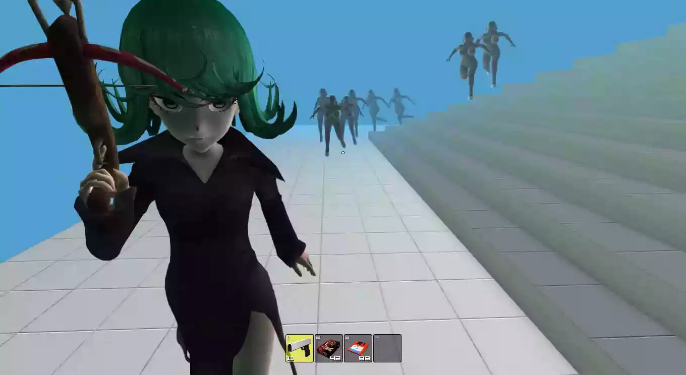 Tatsumaki holding a crossbow running from multiple naked Haydee bots.